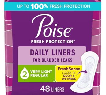 Poise Daily Liners, Incontinence Panty Liners, 2 Drop Very Light Absorbency, Regular Length, 48 Count of Pantiliners, Packaging May Vary