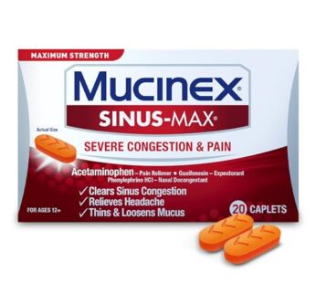 Mucinex Sinus Max Severe Congestion & Pain Relief, Maximum Strength Nasal & Sinus Relief, Decongestant for Adults, Acetaminophen Pain Reliever, Guaifenesin Expectorant and Mucus Removal, 20 Caplets
