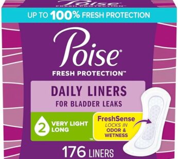 Poise Daily Liners, Incontinence Panty Liners, 2 Drop Very Light Absorbency, Long Length, 176 Count of Pantiliners (4 Packs of 44), Packaging May Vary