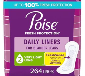 Poise Daily Liners, Incontinence Panty Liners, 2 Drop Very Light Absorbency, Long Length, 264 Count of Pantiliners (6 Packs of 44), Packaging May Vary