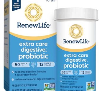 Renew Life Extra Care Digestive Probiotic Capsules, 50 Billion CFU Guaranteed, Daily Supplement Supports Immune, Digestive, Respiratory Health(1), L. Rhamnosus GG, Dairy, Soy and Gluten-Free, 30 Count