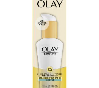 Olay Face Moisturizer Complete Daily Defense All Day Moisturizer With Sunscreen, SPF30 Sensitive Skin, 2.5 Fl Oz (Pack of 2)