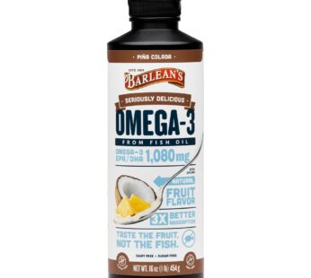 Barlean’s Pina Colada Omega 3 Fish Oil Liquid Supplement 1080mg of High Potency EPA & DHA Omegas, Smoothie Flavored & Burpless Omega 3 for Kids and Adults, 16 oz