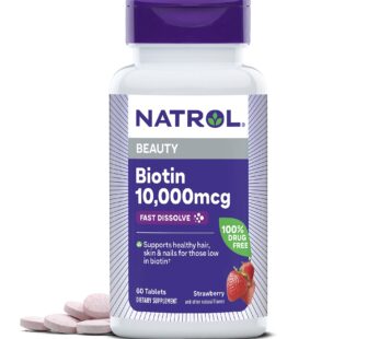 Natrol Beauty Biotin 10000mcg, Dietary Supplement for Healthy Hair, Skin, Nails and Energy Metabolism, 60 Strawberry-Flavored Fast Dissolve Tablets, 60 Day Supply