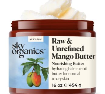 Sky Organics Mango Butter for Body & Face, 100% Raw and Unrefined Nourishing Butter for Light, Daily Hydration and Promotes Soft, Smooth, Heathy-Looking Skin, Suitable for Normal to Dry Skin, 16 Oz.