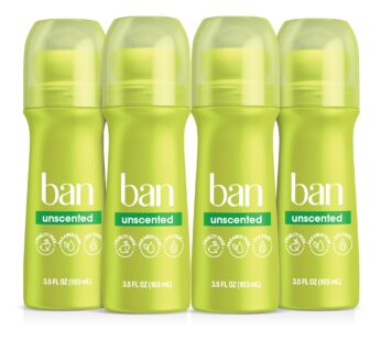 Ban Original Unscented 24-hour Invisible Antiperspirant, 3.5oz Roll-on Deodorant, 4-pack, Underarm Wetness Protection, with Odor-fighting Ingredients