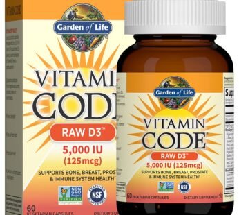 Garden of Life Vitamin D, Vitamin Code Raw D3, Vitamin D 5,000 IU, Raw Whole Food Vitamin D Supplements with Chlorella, Fruit, Veggies & Probiotics for Bone & Immune Health. 60 Vegetarian Capsules