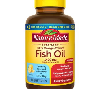 Nature Made Burp Less Ultra Omega 3 Fish Oil Supplements 1400 mg, Omega 3 Supplement for Healthy Heart, Brain and Eyes Support, One Per Day, 90 Softgels