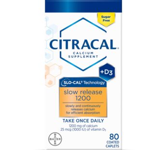 Citracal Slow Release 1200, 1200 mg Calcium Citrate and Calcium Carbonate with 25 mcg (1000 IU) Vitamin D3, Bone Health Support, Calcium Supplement for Ages 12+, Take Once Daily Caplet, 80 Count