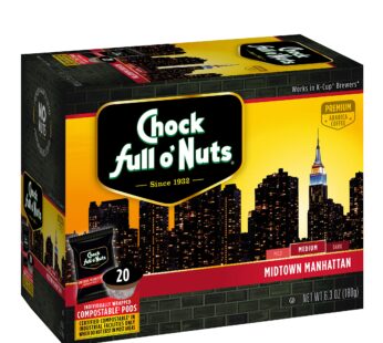 Chock Full o?Nuts Midtown Manhattan Medium Roast, K-Cup Compatible Pods (20 Count) – Arabica Coffee in Eco-Friendly Keurig-Compatible Single Serve Cups