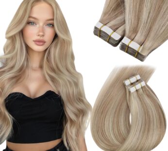 Sunny Hair Tape in Hair Extensions Human Hair Ash Blonde Tape in Hair Extensions Human Hair Highlights Blonde with Ash Blonde Invisible Tape in Hair Extensions Remy Hair Extensions 50G 20Pcs 14Inch