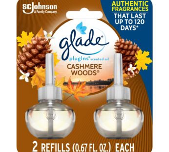 Glade PlugIns Refills Air Freshener, Scented and Essential Oils for Home and Bathroom, Cashmere Woods, 1.34 Fl Oz, 2 Count