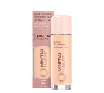 Mineral Fusion Full Coverage Foundation, Liquid Foundation – Neutral 2- Fair to Medium Complexion w/Neutral Undertones, Lightweight Matte Finish, Up to 12 Hr Hydration, Hypoallergenic & Vegan, 1 fl oz