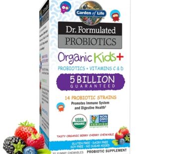 Garden of Life Dr. Formulated Probiotics for Kids, Organic Kids+ – Berry Cherry, 5 Billion CFU Chewable Probiotic Plus Vitamin C and D, Dairy Free Immune Digestive Health Supplement, 30 Chewables
