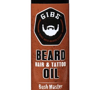 GIBS GROOMING Bush Master Beard, Hair & Tattoo Oil- All-Natural with Nutmeg, Leather, Vanilla & Musk Scent- Softens & Strengthens Beard Growth, Moisturizes Skin, 1 Fl Oz (Pack of 1)