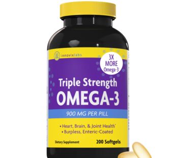 InnovixLabs Triple Strength Omega 3 Fish Oil Supplement, 900 mg, Pure EPA DHA Omega 3 Supplement Brain and Joints, Burpless Omega-3 for Women and Men with Enteric Coating, 200 Capsules