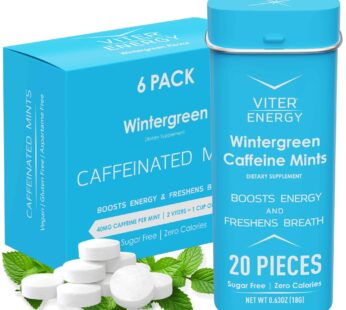 Viter Energy Caffeinated Mints 40mg Caffeine, B Vitamins, Sugar Free. (Wintergreen, 20pcs, 6 Pack)