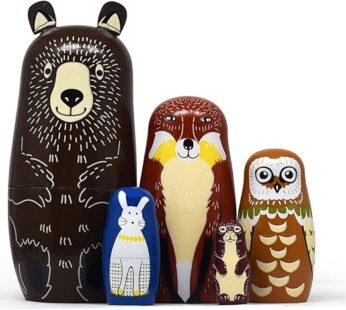 Tphon Russian Nesting Dolls Bear Wooden Matryoshka Dolls for Kids Handmade Cute Cartoon Animals Pattern Nesting Doll Toy Stacking Doll Set of 5