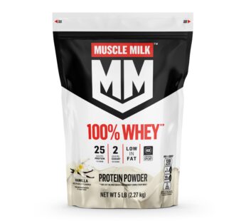 Muscle Milk 100% Whey Protein Powder, Vanilla, 5 Pound, 68 Servings, 25g Protein, 2g Sugar, Low in Fat, NSF Certified for Sport, Energizing Snack, Workout Recovery, Packaging May Vary