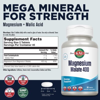 KAL Magnesium Malate 400mg, Chelated Magnesium Supplement with Malic Acid, Healthy Energy & Muscle Function Support, Enhanced Absorption, Vegan, Non-GMO, 45 Servings, 90 Veg Tabs - Image 2