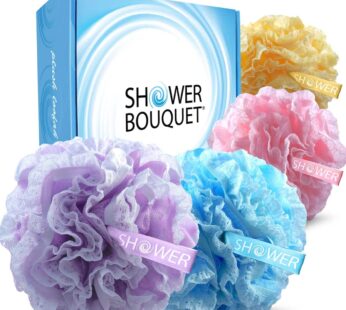 Loofah-Bath-Sponge Lace-Mesh-Set >> 2-Scrubs-in-1 by Shower Bouquet: Large Full 60g Pouf (4 Pack Spa Colors) Body Luffa Loofa Loufa Puff – Exfoliate, Cleanse Skin with Luxurious Bathing Accessories