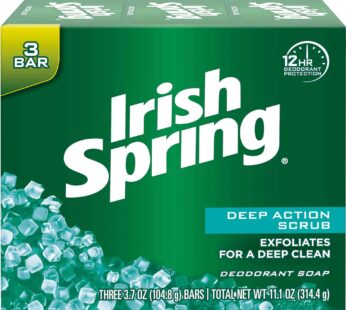 Irish Spring Deep Action Scrub Deodorant Soap by, 3 Count, Fresh, 11.1 Oz (Packaging may Vary)