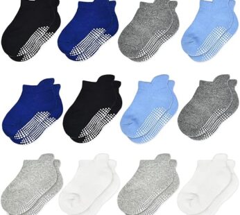 Tphon Non Slip Toddler Socks Infant Baby Kids Grip Socks for Boy Girls Anti Skid Ankle Socks for 0-7 Year 02 Boys 12 Pairs