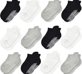 Tphon Non Slip Toddler Socks Infant Baby Kids Grip Socks for Boy Girls Anti Skid Ankle12 Pairs Black/Grey/White 0-7, 1-3T Year Children