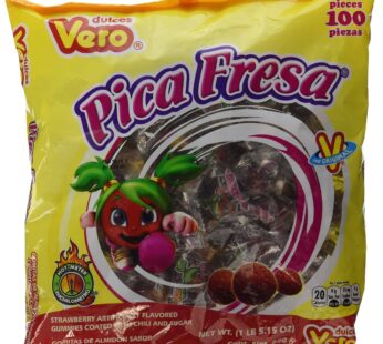 Dulces Vero Pica Fresa Chili Strawberry Flavor Gummy Mexican Candy, 100Piece, 1 LB, 5.15 OZ, Clear
