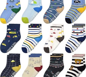 Tphon Non Slip Kids Toddler Socks with Gripper 12 Pairs Anti Skid Boys Girls Socks for Baby Socks for 1-7 Year Children