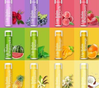 RBUGR Natural Lip Balm Pack of 12 Flavours | Organic Moisturising Lip Balms for Dry & Cracked Lips | Rose, Strawberry, Mint, Vanilla & More | Long-Lasting Hydration (4.2g Each)