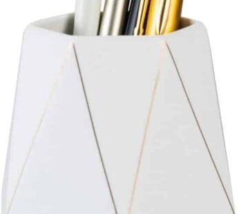 Ceramic Desk Cute Pen Holder Stand Gold Line Pencil Cup Pot Desk Organizer Makeup Brush Holder (White)