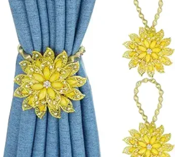 2PCS Magnetic Curtain Tiebacks Decorative Crystal Flower Shape Window Curtain Holdback Buckles Tie Backs Holders with Stretchable Wire Rope for Home and Office,Golden+Yellow