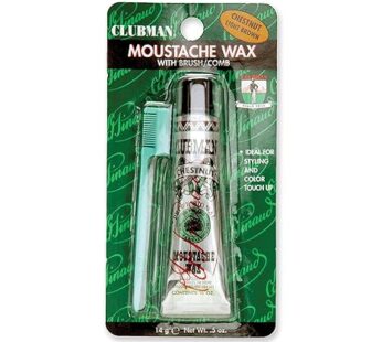 Clubman Mustache Wax for Men – Chestnut Light Brown, Strong Hold Moustache Wax with Styling Brush, Hang Pack, 0.5 oz