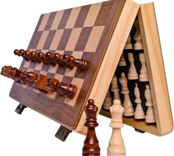 15 Inch Magnetic Wooden Chess Set for Adults & Kids – Folding Travel Chess Board with Handcrafted Staunton Pieces, Extra Queens, and Storage Slots