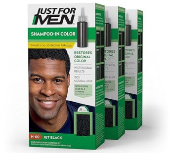 Just For Men Shampoo-In Color (Formerly Original Formula), Mens Hair Color with Keratin and Vitamin E for Stronger Hair – Jet Black, H-60, Pack of 3