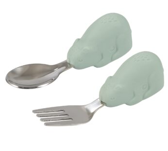 Tiny Twinkle Easy Grip Toddler Utensils Spoon and Fork Set – BPA & Phthalate Free Utensil Sets, Kids Silverware With Silicone Handle, Baby Led Weaning Supplies for 12 Months & Up (Sage Bear)