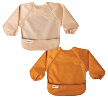 Tiny Twinkle Long Sleeve Bib for Babies & Toddlers | 2-Pack Waterproof Smock Bib for Eating | Machine Washable & Mess-Proof Feeding Essentials | Newborn Shower Gift (Sand Cinnamon,6?24M)