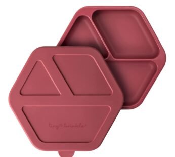 Tiny Twinkle Silicone Suction Baby Plate, Suction Grip Divided Dish for First Foods and Self-Feeding Toddlers, Baby Led Weaning Supplies for Independent Eating (Burgundy Plate with Lid)