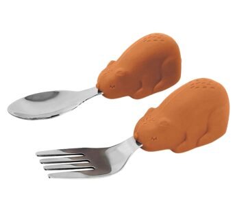 Tiny Twinkle Easy Grip Toddler Utensils Spoon and Fork Set – BPA & Phthalate Free Utensil Sets, Kids Silverware With Silicone Handle, Baby Led Weaning Supplies for 12 Months & Up (IceBlue Elephant)