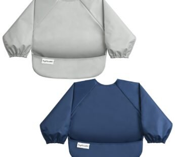 Tiny Twinkle Long Sleeve Bib for Babies & Toddlers | 2-Pack Waterproof Smock Bib for Eating | Machine Washable & Mess-Proof Feeding Essentials | Newborn Shower Gift (Grey Indigo,6?24M)