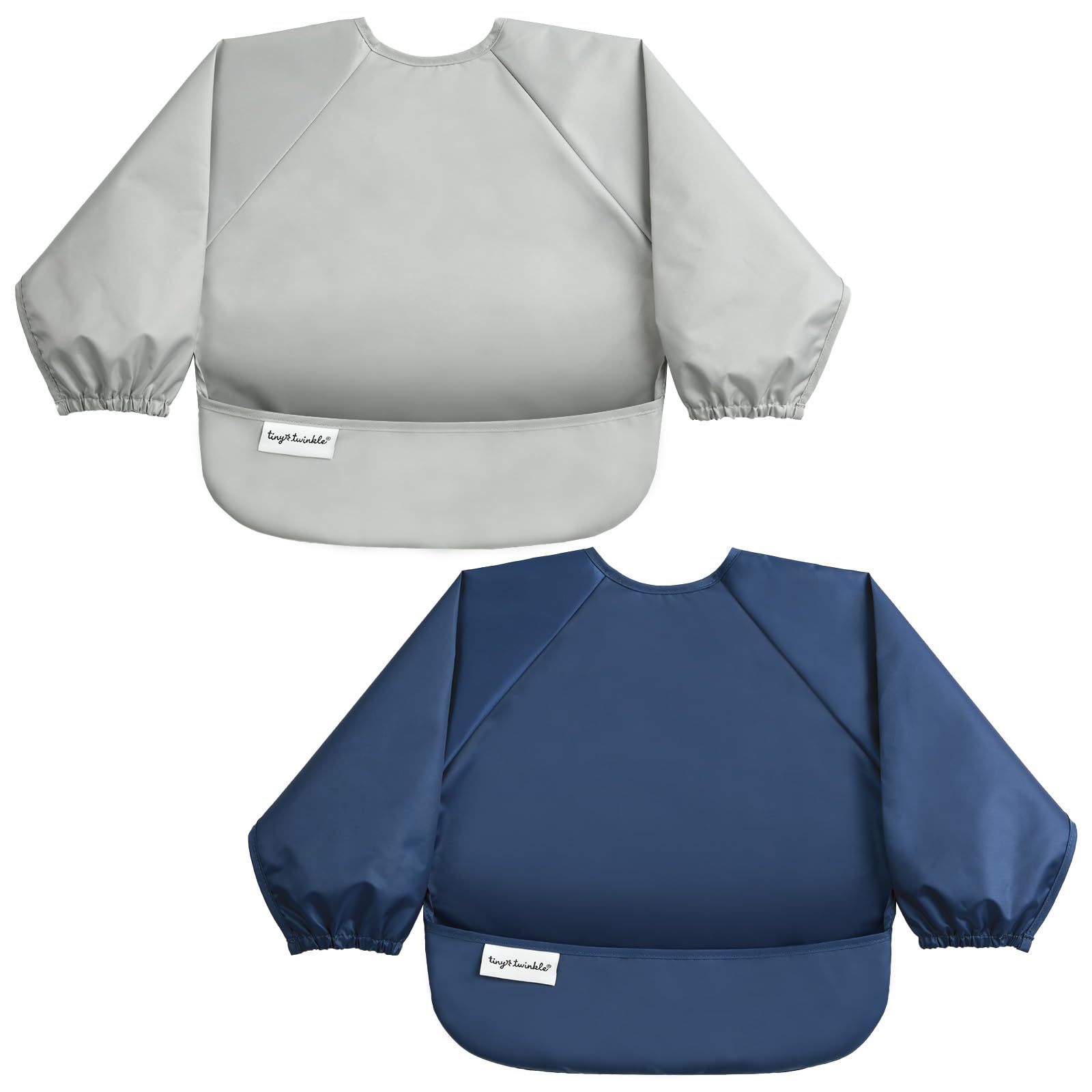 Tiny Twinkle Long Sleeve Bib for Babies & Toddlers | 2-Pack Waterproof Smock Bib for Eating | Machine Washable & Mess-Proof Feeding Essentials | Newborn Shower Gift (Grey Indigo,6?24M)