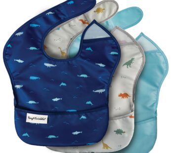 Tiny Twinkle Mess-Proof Baby Bibs for Eating | Waterproof, Wipeable Toddler Bibs with Catch-All Pocket | Feeding Bibs for Girls & Boys(3 Pack,Sea, Dino)