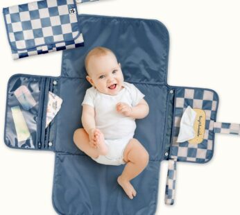 Tiny Twinkle Portable Diaper Changing Pad | Waterproof, Wipeable & Compact Baby Changing Pad for Travel | Smart Wipes Pocket & Organized Storage| Newborn Shower Gift (Blue Checkers)