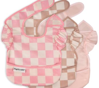 Tiny Twinkle Mess-Proof Baby Bibs for Eating | Waterproof, Wipeable Toddler Bibs with Catch-All Pocket | Feeding Bibs for Girls & Boys(3 Pack,Checkers Girl)