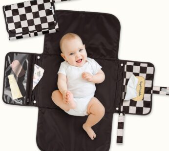 Tiny Twinkle Portable Diaper Changing Pad | Waterproof, Wipeable & Compact Baby Changing Pad for Travel | Smart Wipes Pocket & Organized Storage| Newborn Shower Gift (Black Checkers)