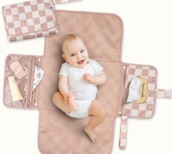 Tiny Twinkle Portable Diaper Changing Pad | Waterproof, Wipeable & Compact Baby Changing Pad for Travel | Smart Wipes Pocket & Organized Storage| Newborn Shower Gift (Beige Checkers)