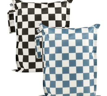 Tiny Twinkle Mess Proof Wet Bags | 2-Pack Reusable Waterproof Wet Bags for Swimsuits | Baby Clothes | Travel & Diaper Bag (Blue, Black Checkers)