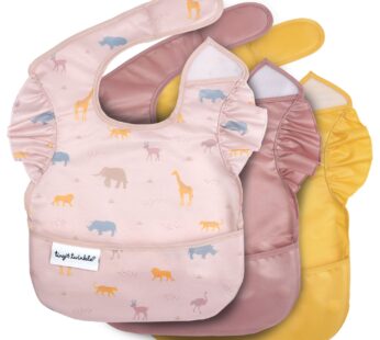 Tiny Twinkle Mess-Proof Baby Bibs for Eating | Waterproof, Wipeable Toddler Bibs with Catch-All Pocket | Feeding Bibs for Girls & Boys(3 Pack,Petite Safari)