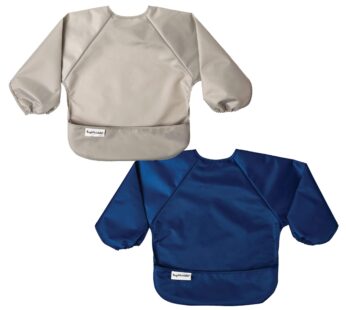 Tiny Twinkle Long Sleeve Bib for Babies & Toddlers | 2-Pack Waterproof Smock Bib for Eating | Machine Washable & Mess-Proof Feeding Essentials | Newborn Shower Gift (Grey Indigo,2-4Y)